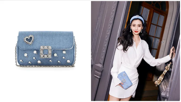 Angelababy示範Viv’ Jeu七夕限定丹寧愛珠鑽扣女包，7萬3600元。品牌提供
