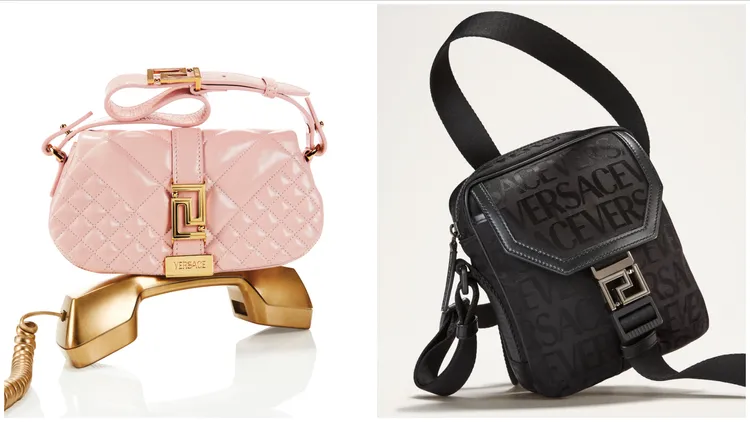 女士Greca Goddess淺粉色迷你肩背包（左）5萬5000元、男士Allover Neo Nylon斜背包（右）3萬3500元。品牌提供

