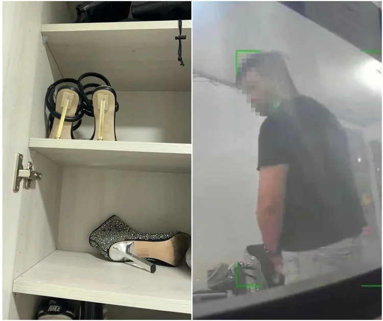 男子對高跟鞋「做案」畫面曝光，遭網友譏笑是「秒射俠」。翻攝自臉書「爆料公社」