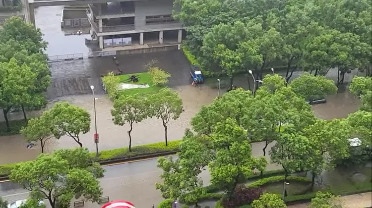 今天下午雙北午後對流雲系旺盛，新北市三峽北大特區有民眾直擊馬路淹成小河。翻攝楊先生臉書