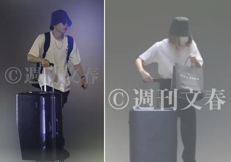 西畑大吾開完演唱會直奔女方家（左圖），隔天早上戴上金色假髮離開（右圖）。翻攝《週刊文春》