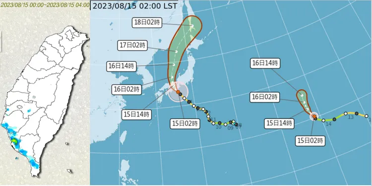 左圖：今(15日)晨4時中南部已有局部陣雨。

右圖：15日2時中央氣象局「路徑潛勢預測圖」顯示，「蘭恩」已減弱為輕颱，在本州南方近海，即將登陸。第8號「輕颱朵拉」向北大迴轉，逐漸減弱為熱帶低壓。取自氣象應用推廣基金會