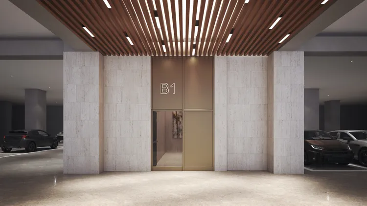 「艾美綠河」地下室車位配置充電樁。清景麟提供