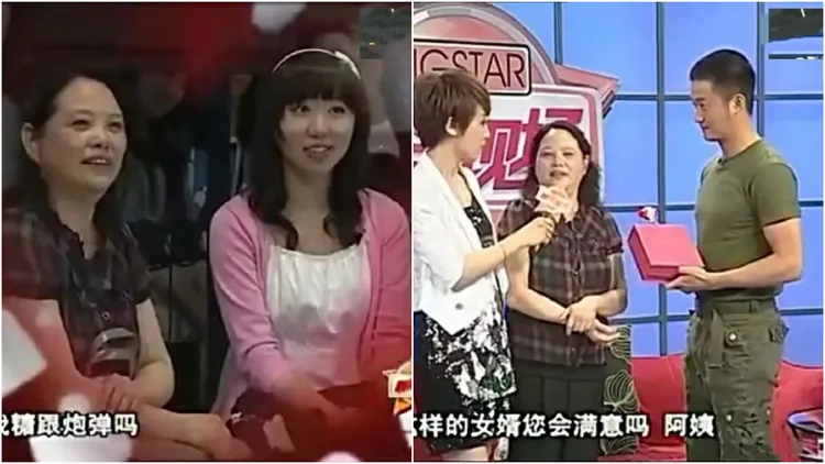 網民挖出柳驪(左圖粉色外套女子)過去上節目，公開對吳京(右圖右)示愛片段。翻攝自微博