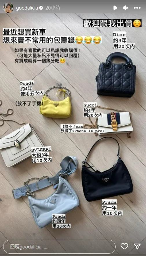 愛莉莎莎賣包籌錢買車。翻攝自愛莉莎莎IG