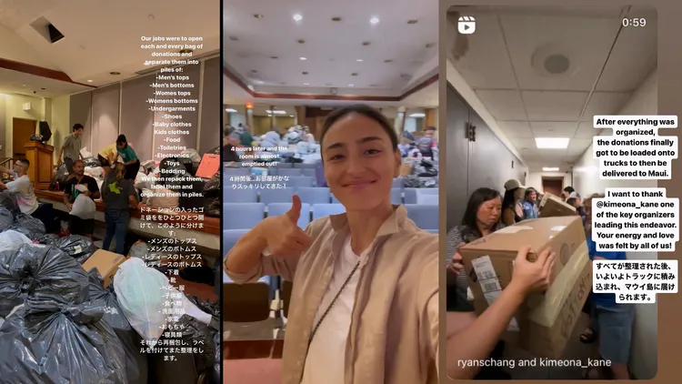 長谷川潤與數百名民眾當志工整理堆成山的物資。翻攝liveglenwood IG