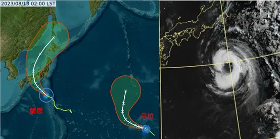 最新(13日2時)中央氣象局「路徑潛勢預測圖」(左圖)顯示，第7號「中颱蘭恩」逐漸減弱中(右圖)，向西北轉北大迴轉，明日、週二(14、15日)侵襲日本本州、四國。另外，第8號「中颱朵拉」強度亦逐漸減弱中，向西北西轉北大迴轉(左圖)，無侵台疑慮。取自氣象應用推廣基金會