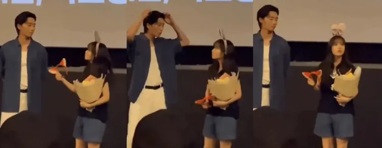 朴寶英遞粉絲送的狐狸頭飾給朴敘俊，他以頭髮噴髮膠為由拒戴，導致朴寶英一直拿著頭飾。翻攝推特