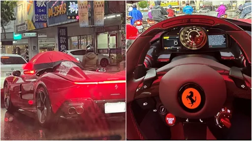 開8500萬敞篷法拉利「雨天撐傘」 車主自嘲:我是傻B!