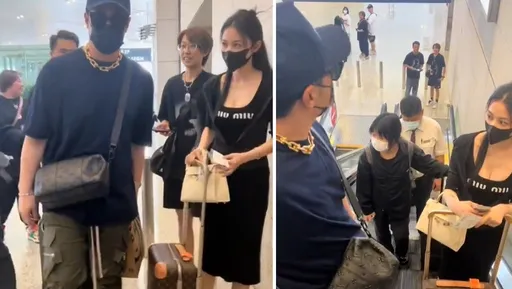 潘玮柏机场现身空姐妻一手爱马仕一手LV 没帮老婆拿行李箱挨骂了