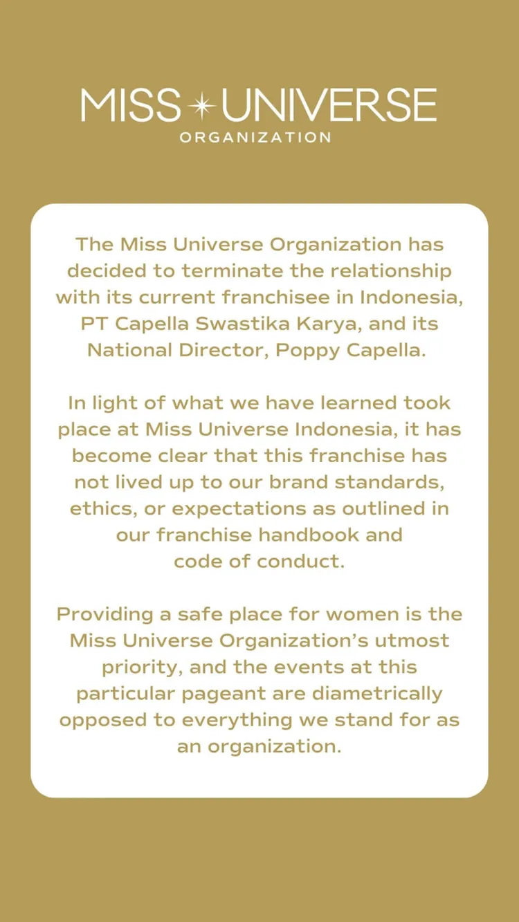 環球小姐選美組織宣布終止與印尼承辦方的合作。（圖取自witter.com/MissUniverse）