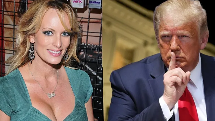 美國前總統川普（右）被控付封口費給情色片女星「暴風女」丹尼爾斯（左）。合成畫面。資料照片