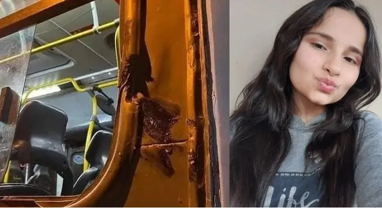 美少女費拉茲（右圖）打開巴士窗戶，頭伸出去跟同學揮手道別，巴士緊急向路邊偏移時，擦撞到路邊的燈柱，少女頭部也遭到重創（左圖）。翻攝臉書/ Fernanda Pacheco Ferraz