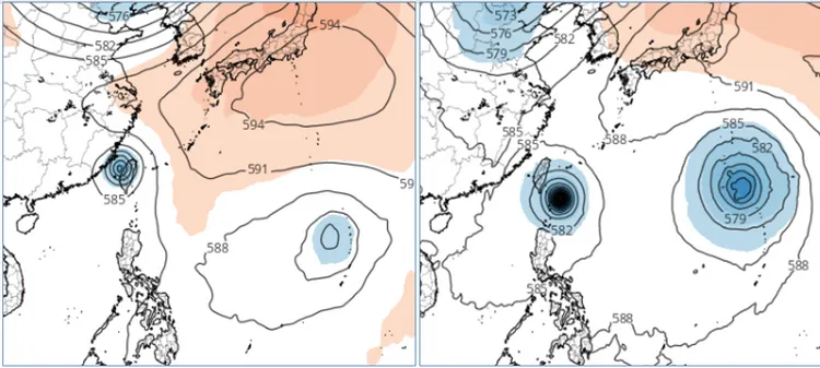 最新(23日20時)歐洲及美國模式模擬顯示，該熱帶系統在呂宋島東北方海面、滯留打轉5天後，撲向台灣；30日20時歐洲模擬已掃過台灣並進入台灣海峽(左圖)，美國模擬速度稍慢、但也在台灣門口(右圖)。(圖擷自tropical tidbits)取自氣象應用推廣基金會