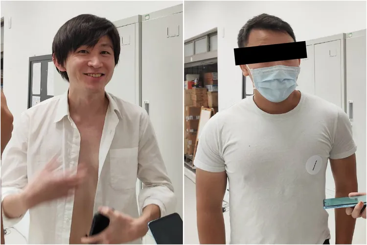 老王現場訪問兩名分別讓台日女優服務的汁男心得，壯碩哥（右）大讚管明美的舌頭很厲害，另一名白淨哥（左）本身是從業一年的AV男優，也狂讚山村茜口技絕倫！