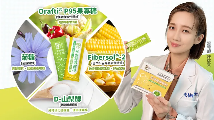 ▲營養師陳郁雯推薦，食用一包果寡糖順暢粉，等同於攝取多份蔬果的膳食纖維含量。