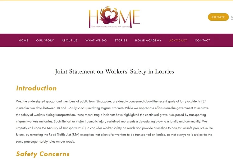 47個移工人權團體及倡議人士發布聯合聲明，呼籲星政府禁止小貨車接送移工。翻攝www.home.org.sg