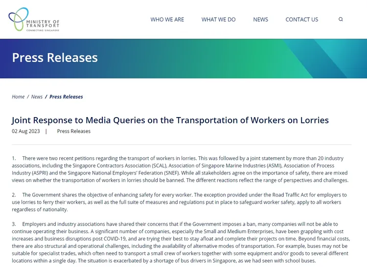新加坡交通部2日回應。翻攝新加坡交通部網站