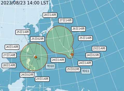 熱帶性低氣壓TD10和TD11預估路徑。取自氣象局網站