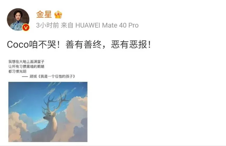 金星今午發文力挺李玟。翻攝金星微博