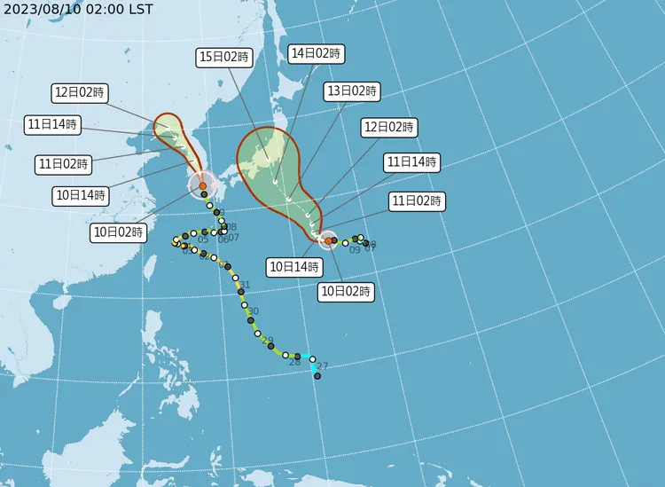 卡努颱風與蘭恩颱風走向。取自氣象局網站