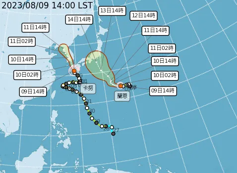 卡努颱風與蘭恩颱風走向。取自氣象局網站
