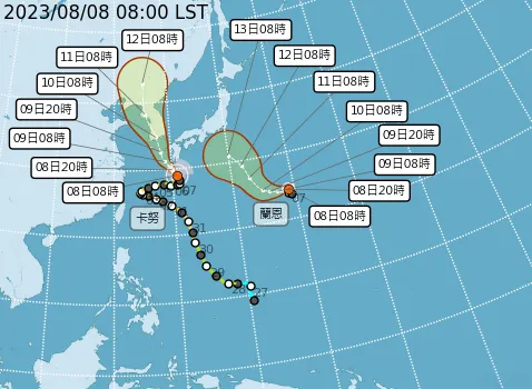 卡努颱風和蘭恩颱風路徑預測圖。翻攝自氣象局