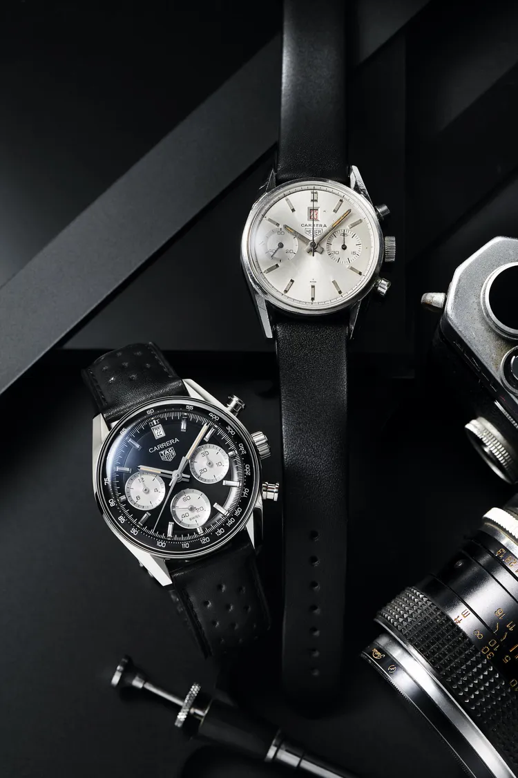 古董錶Heuer Carrera Dato 45計時腕錶（右）、Carrera Glassbox拱形計時腕錶黑銀面（左）21萬2000元。品牌提供