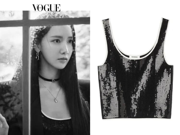 潤娥身穿SANDRO黑色亮片白邊背心，6590元。左圖翻攝潤娥IG、右圖品牌提供