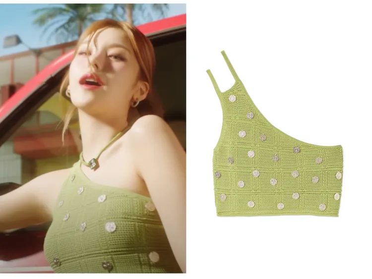 黃禮志身著SANDRO綠色單肩背心，6900元。左圖翻攝JYP YT、右圖品牌提供