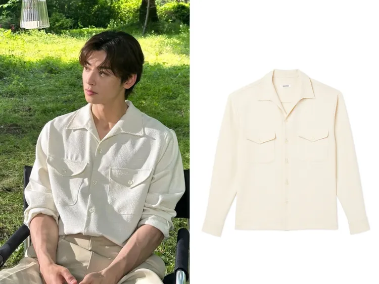 車銀優身穿SANDRO HOMME米白雙口袋襯衫，9590元。左圖翻攝車銀優IG、右圖品牌提供