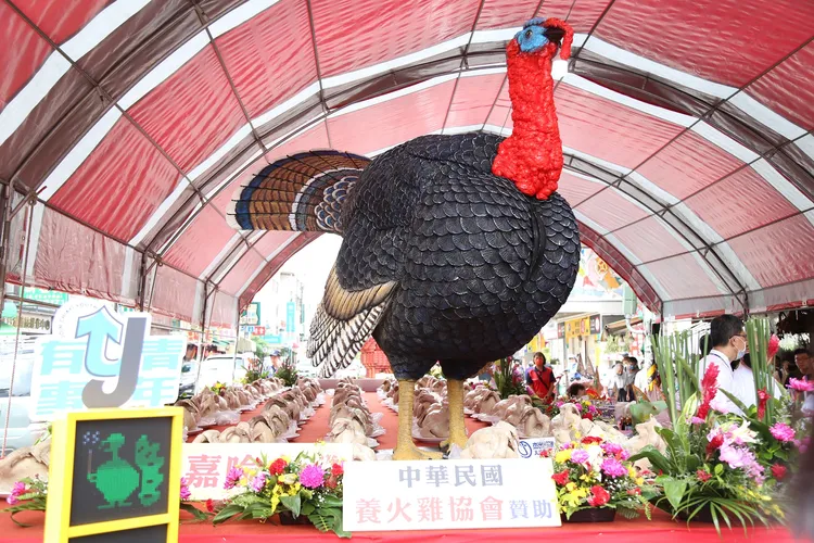 廟方雕塑壯觀的「嘉喩火雞」。嘉市府提供