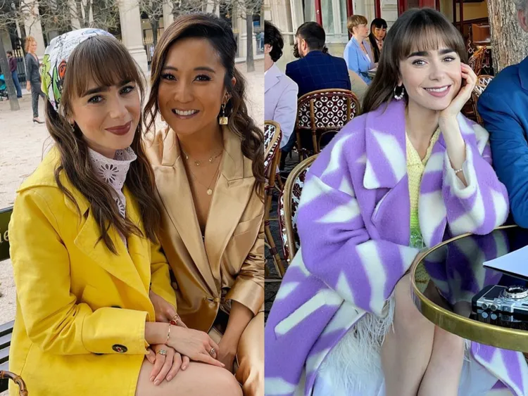 莉莉柯林斯（左圖左、右圖）在《艾蜜莉在巴黎》演繹多種時尚穿搭。翻攝《艾蜜莉在巴黎》IG