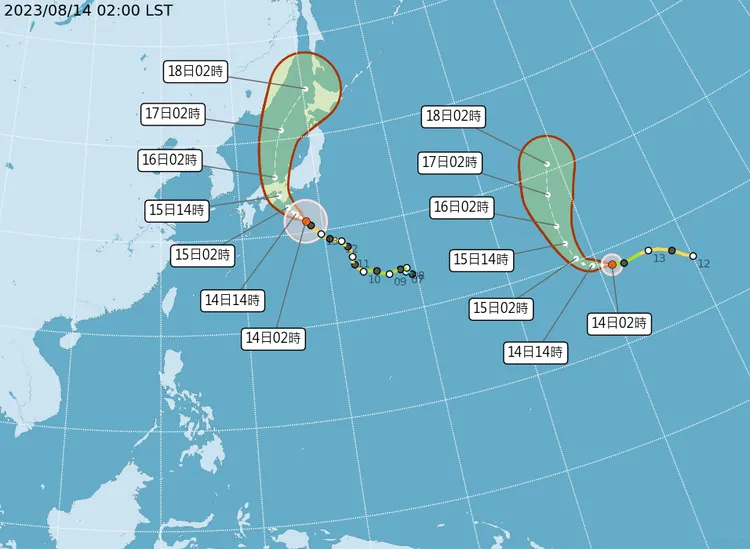 「中颱蘭恩」與「輕颱朵拉」對台灣無影響。取自中央氣象局