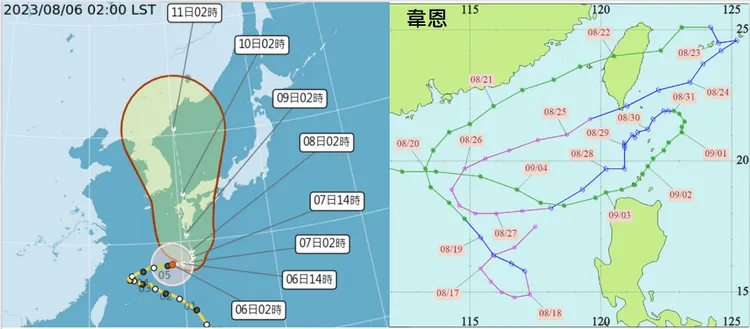 6日2時中央氣象局「路徑潛勢預測圖」(左圖)顯示，「輕颱卡努」向東北東移動，6日仍侵襲琉球群島，7日逐漸轉北、8日將撲向九州。日本稱其為第一怪颱，但與「韋恩」(右圖)、「耐特」相比，路徑還算單純。取自氣象應用推廣基金會