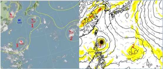 左圖：最新(22日20時)地面分析圖顯示，今(23)日第1個擾動在日本南方海面沒有發展；第2個擾動在菲律賓東方海面，第3個擾動則呂宋島東方及台灣東南方海面打轉醞釀。

右圖：最新歐洲模式28日20時模擬顯示，第2個擾動28日仍在菲律賓東方海面醞釀調整；第3個擾動則在呂宋島東北方，接近巴士海峽。(右圖擷自tropical tidbits)

圖片來源：「三立準氣象·老大洩天機」專欄