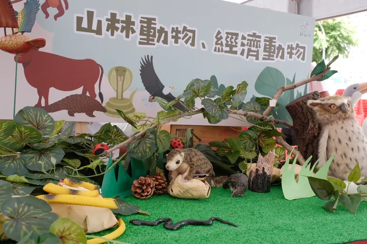 山林區以綠色為基底，穿插配置仿真穿山甲、老鷹及蛇等動物模型。動保處提供
