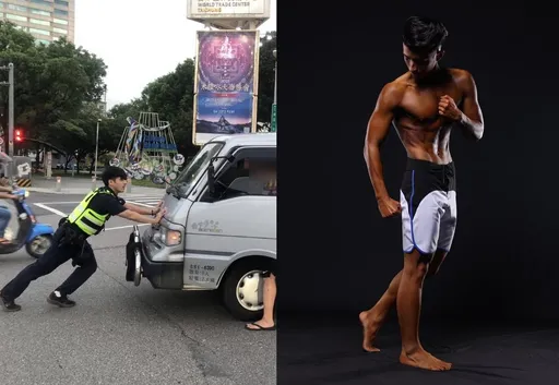 2.8噸廂型車台灣大道拋錨 健美比賽「肌肉猛警」推車解圍