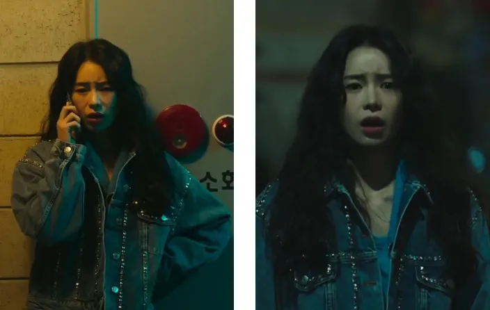 林智妍於新劇身穿Maje鉚釘牛仔外套，展現率性的時髦風格。翻攝SBS Korea。