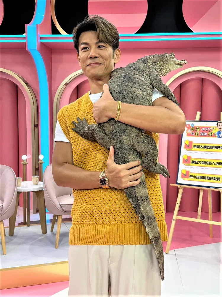 陳志強勇敢抱鱷魚。