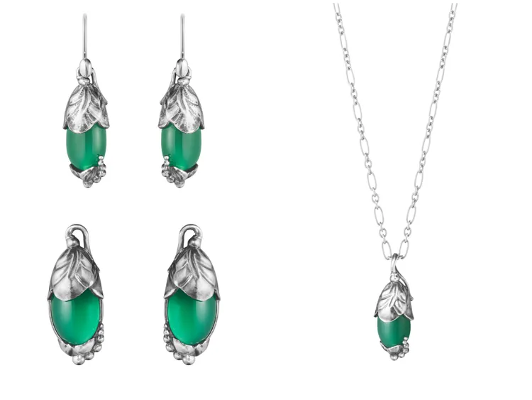2024 Heritage純銀鑲綠瑪瑙項鍊、耳環、夾式耳環，各9700元。品牌提供