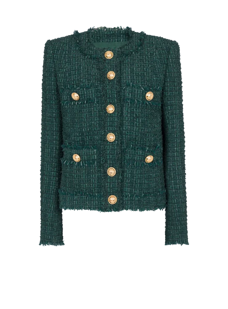 金釦無領粗花呢夾克（湖水綠），價格店洽。品牌提供