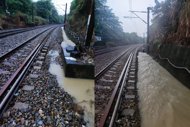 昨午後瞬間超大豪雨致災，台鐵鶯歌~桃園間東正線路基流失40公尺。台鐵局提供