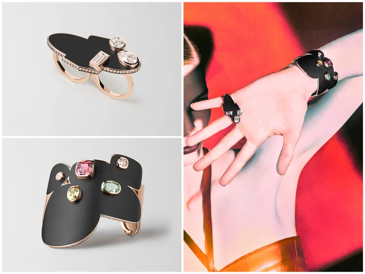 Ombres mobiles系列手環（玫瑰金鑲嵌綠色和粉色碧璽、褐鑽、鑽石和黃色金綠寶石，暗影爲黑色緞光鈦和褐鑽），468萬元；雙指戒指（玫瑰金鑲嵌三顆鑽石，暗影部分爲黑色緞光鈦和褐鑽），401萬2000。品牌提供