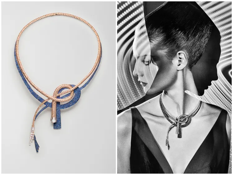 Fouet Ombre系列項鍊（玫瑰金鋪鑲褐鑽和長方形切割鑽石，暗影部分爲夜藍色藍寶石），2172萬7000元。品牌提供