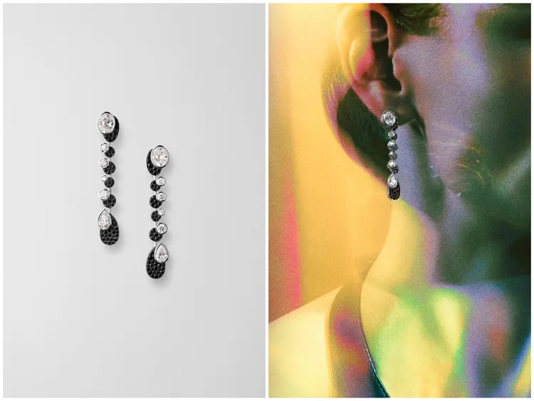 Miroir d’ombre系列耳環（白K金鑲嵌3.77克拉鑽石，暗影部分爲黑色尖晶石），434萬6000元。品牌提供