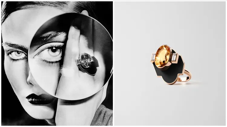 Lueurs du Jour系列戒指（玫瑰金鑲嵌一顆橢圓形切割帝王託帕石和長方形切割鑽石 ，暗影部分爲墨玉），417萬9000元。品牌提供