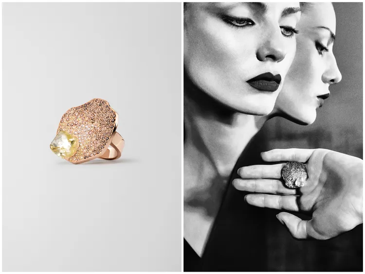 Lumirers Brutes系列戒指（玫瑰金鑲嵌一顆2.1克拉黃鑽原石，暗影部分爲白鑽、黃鑽及褐鑽），1136萬5000元。品牌提供