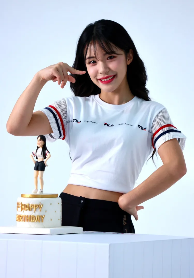 李多慧8月4日過生日，今記者會上提早慶生，她比出象徵FILA的手勢。彭欣偉攝