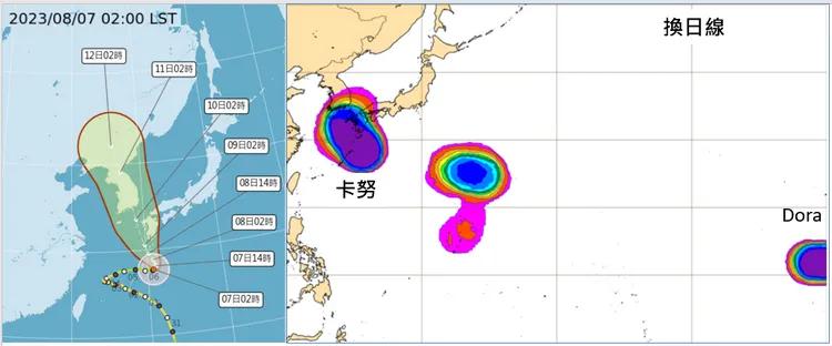 左圖：「輕颱卡努」將向北北東進行。右圖：6日20時歐洲系集模式模擬9日20時在日本東南方海面有第7號颱風「蘭恩」，其生成的機率已高達80％；另外，「東太平洋」第5號熱帶系統「Dora」在夏威夷西南方海面。